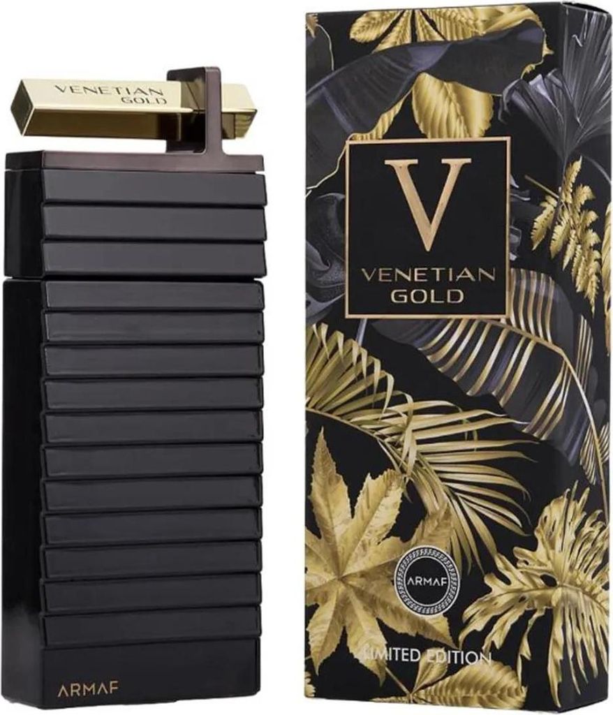 A perfume bottle and its packaging are displayed side-by-side.