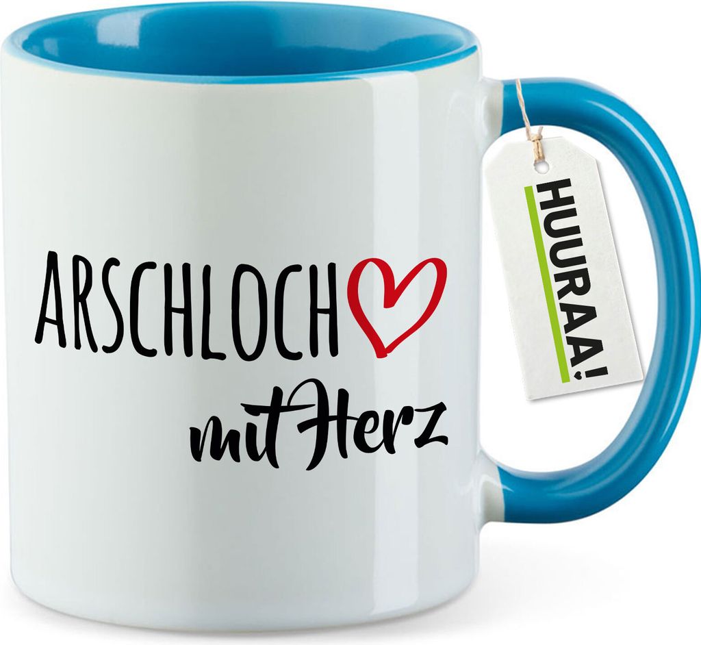 Huuraa Kaffeetasse Arschloch mit Herz 330ml Blau Keramik Kaffeebecher Geschenkidee