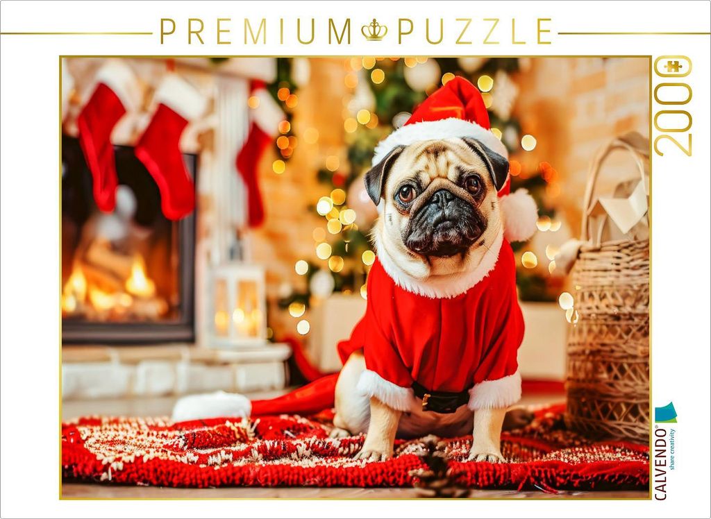 CALVENDO Puzzle Mops als Weihnachtsmann | 2000 Teile Lege-Größe 90x67cm Foto-Puzzle für glückliche Stunden
