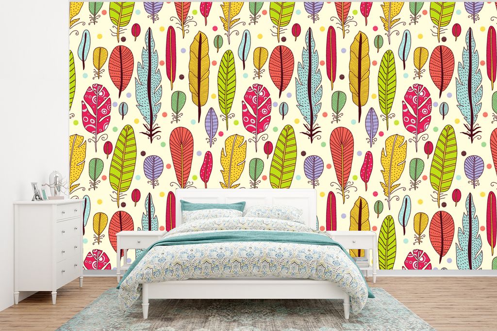 MuchoWow Fototapete für Wohnzimmer oder Schlafzimmer Wandtapete Vinyl Motivtapete Muster - Federn - Farben - Jungen - Kinder - Kind - 320x240 cm...