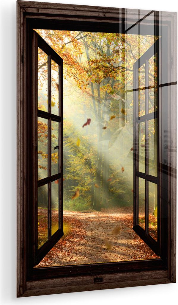 MuchoWow Glasbilder - Bilder auf Wandbild - Foto auf Glas Wald - Bäume - Herbst - Sonne - Herbstlaub - Natur - Ansichten 40x60 cm Wanddekoration a...