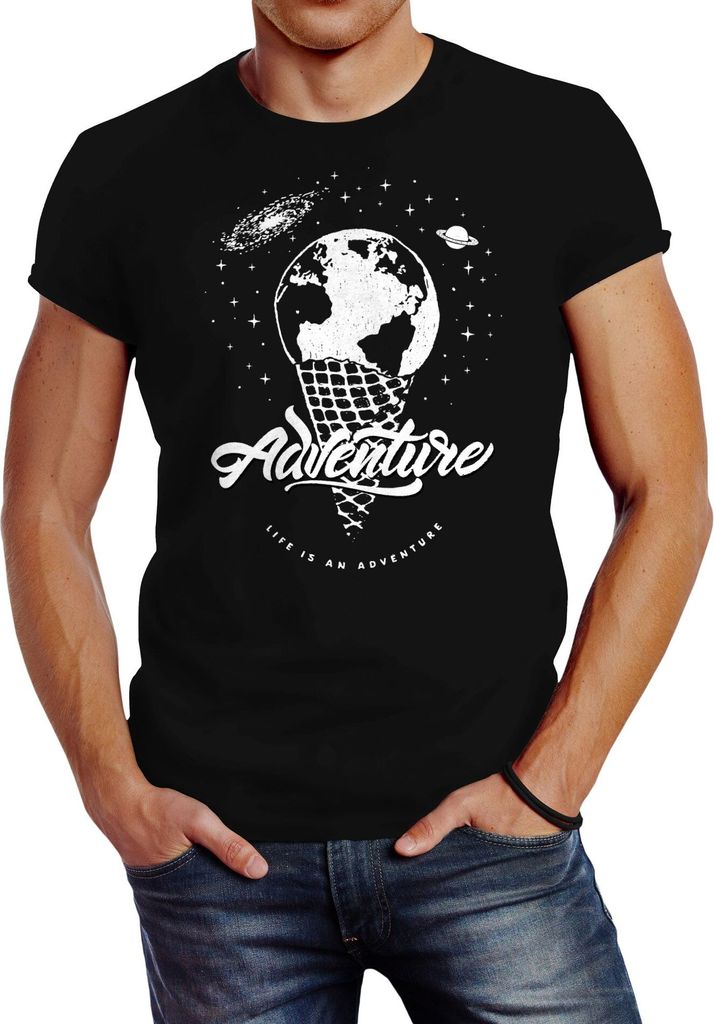 Herren T-Shirt Weltkugel Erde Eis Eiswaffel Adventure Vintage Earth Weltkarte Slim Fit Neverless schwarz L