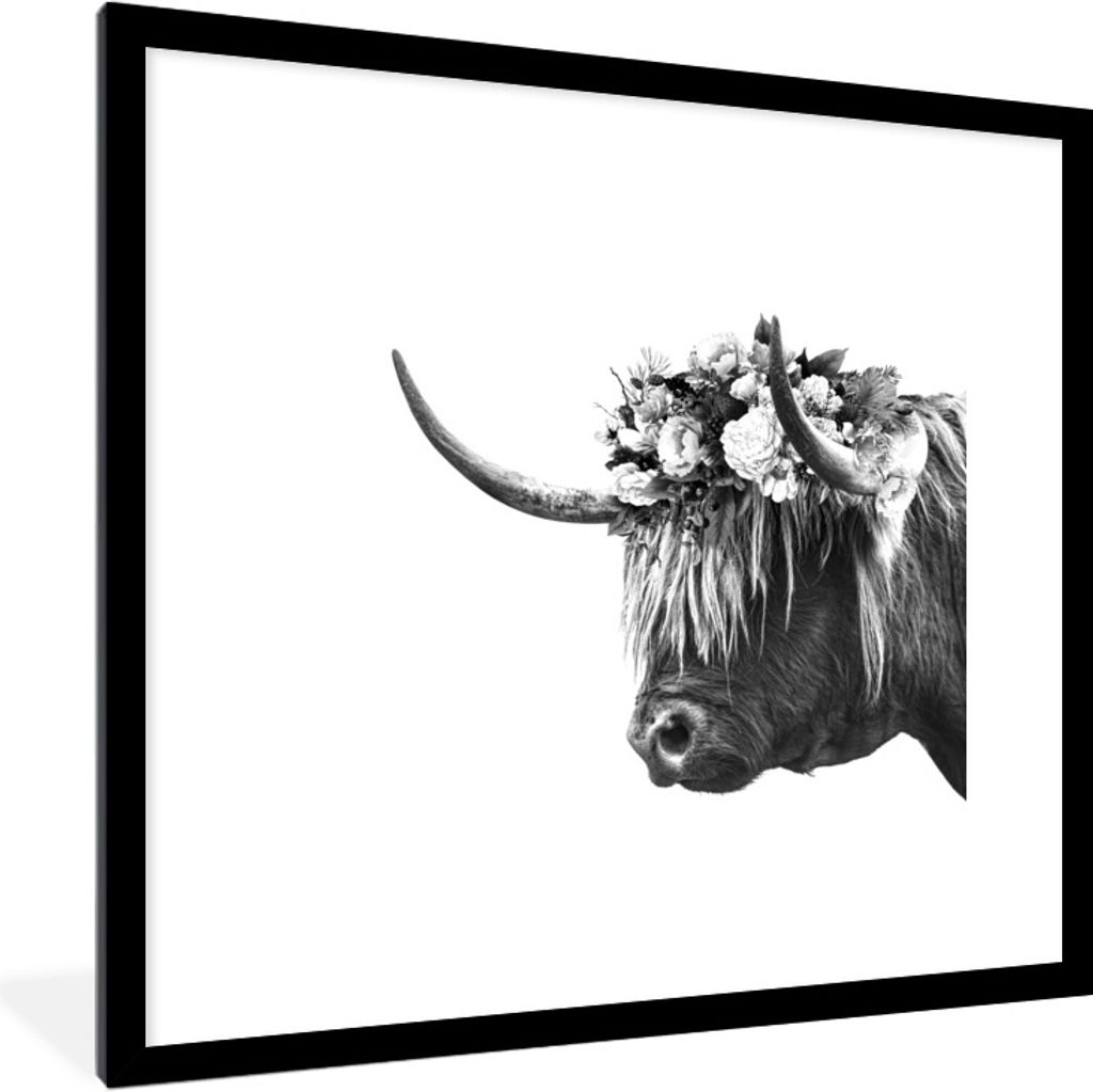 MuchoWow Gerahmtes Poster Schottischer Highlander - Blumen - Schwarz - Weiß 40x40 cm - Poster mit Schwarzem Bilderrahmen Wandposter Rahmen Foto ...