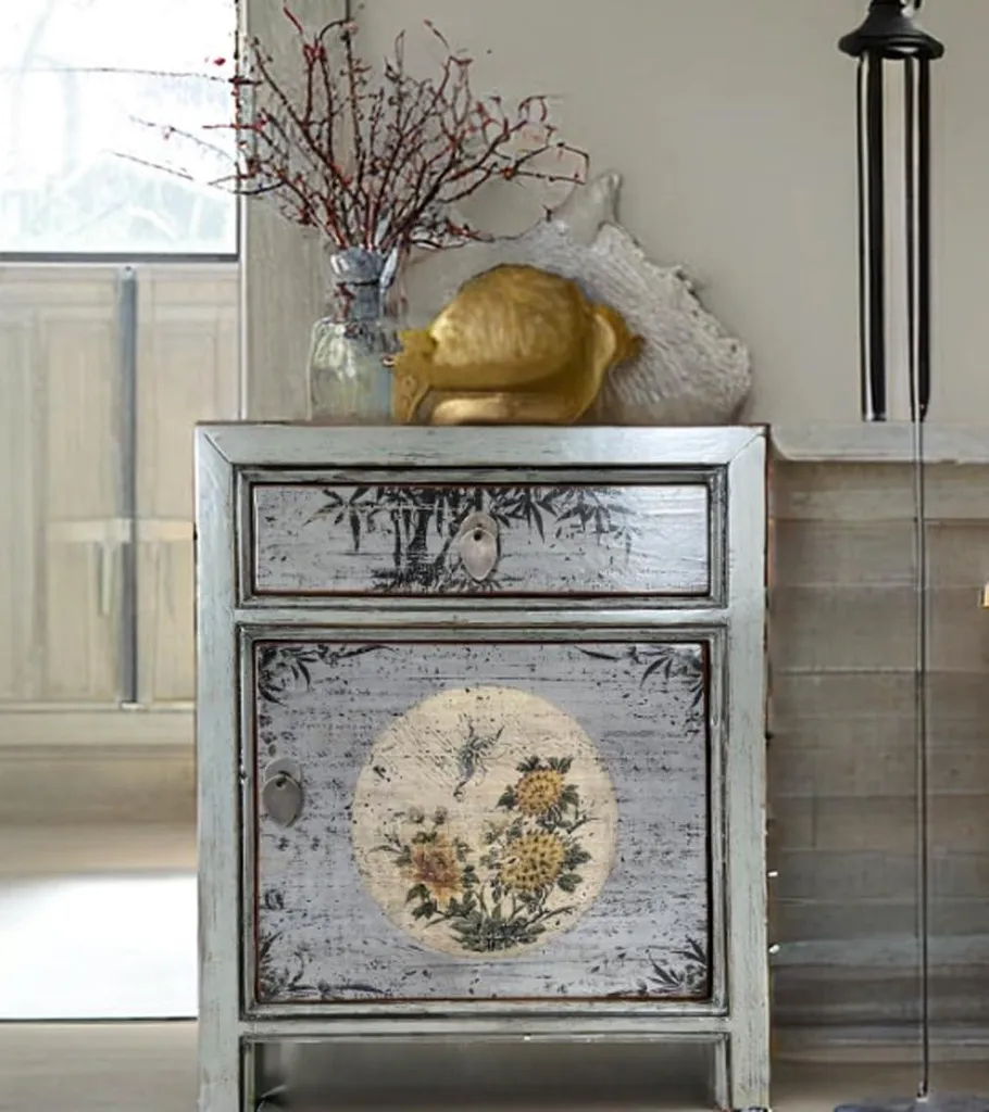 Table de nuit chinoise en bois gris clair montée - Commode d'Asie - 9