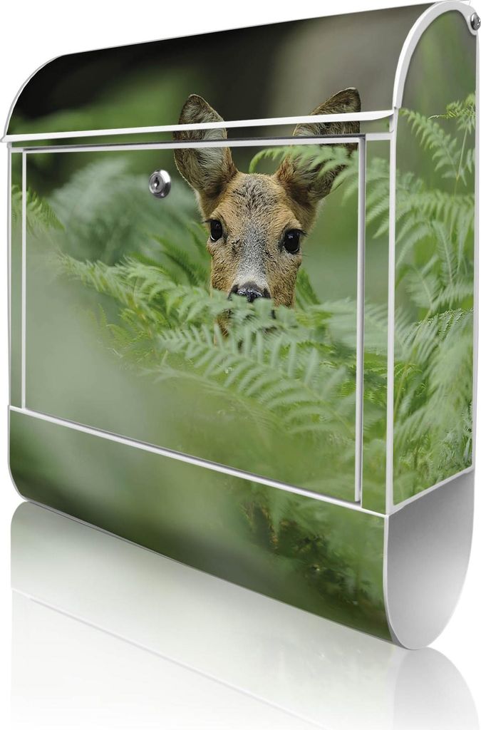 banjado Design Briefkasten Stahl weiß mit Zeitungsfach pulverbeschichtet "Reh" 38x46x12,5cm & 2 Schlüssel - Postkasten A4 Einwurf inkl. Montagema...