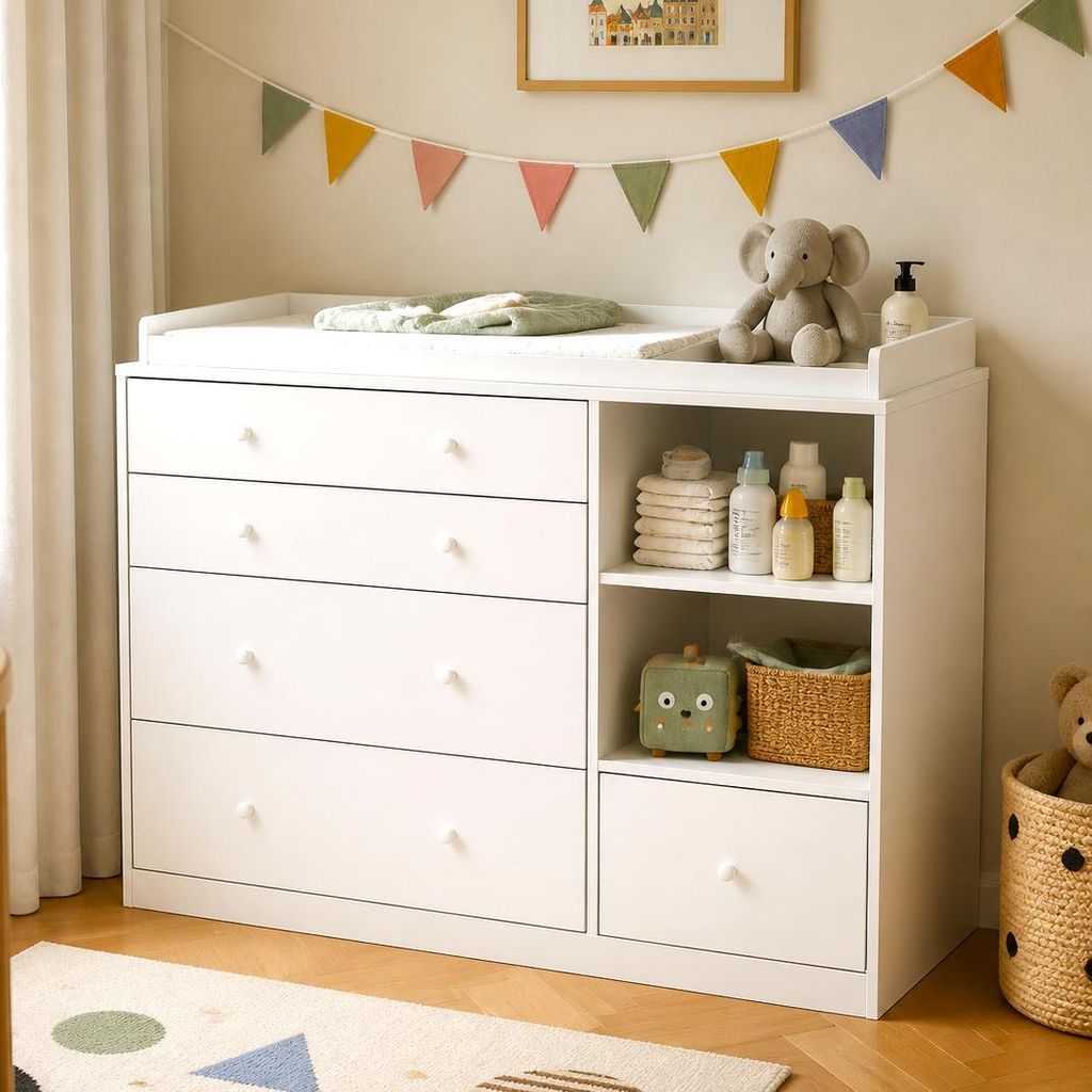 Wickelkommode Weiß 120x50x91.5cm, Wickeltisch mit 5 Produktbild 