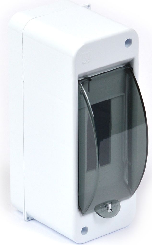 A white electrical distribution box with a transparent gray door is shown against a white background.