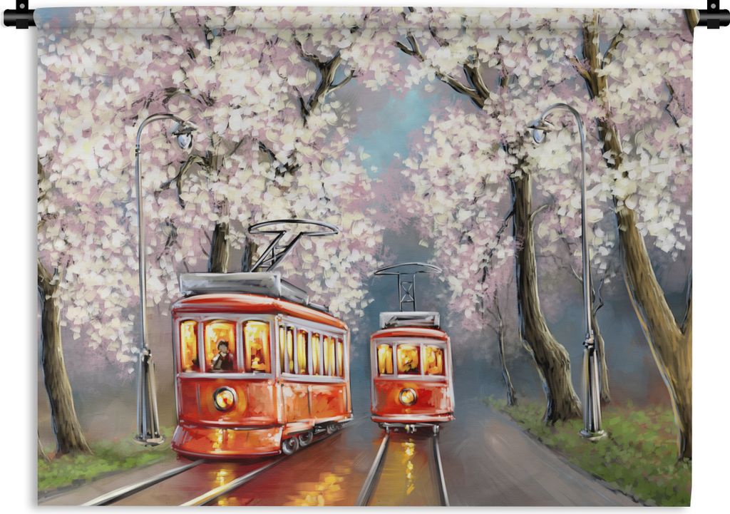 MuchoWow Wandteppich Wandbehang Gemälde - Ölgemälde - Straßenbahn - Blühender Baum 150x112.50 cm Tapisserie Dekoration Wandtuch - Wanddecke ...