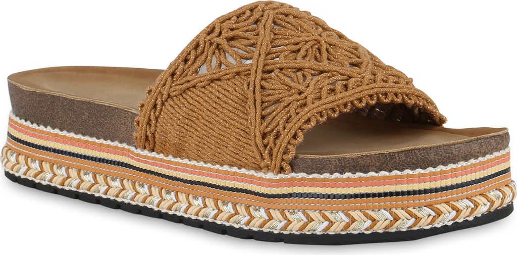 VAN HILL Damen Pantoletten Sandaletten Ethno Look Profil-Sohle Schuhe 840956, Farbe: Hellbraun, Größe: 36