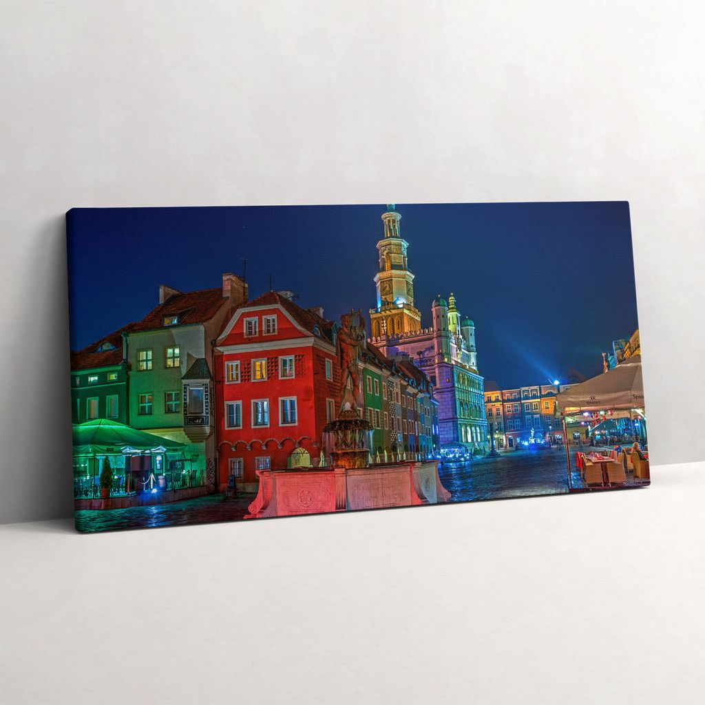 Marktplatz von Poznań bei Nacht – Leinwandbild Wandbild – 100x50 cm – Leinwandbilder – Wandbilder – Schlafzimmer – Flur