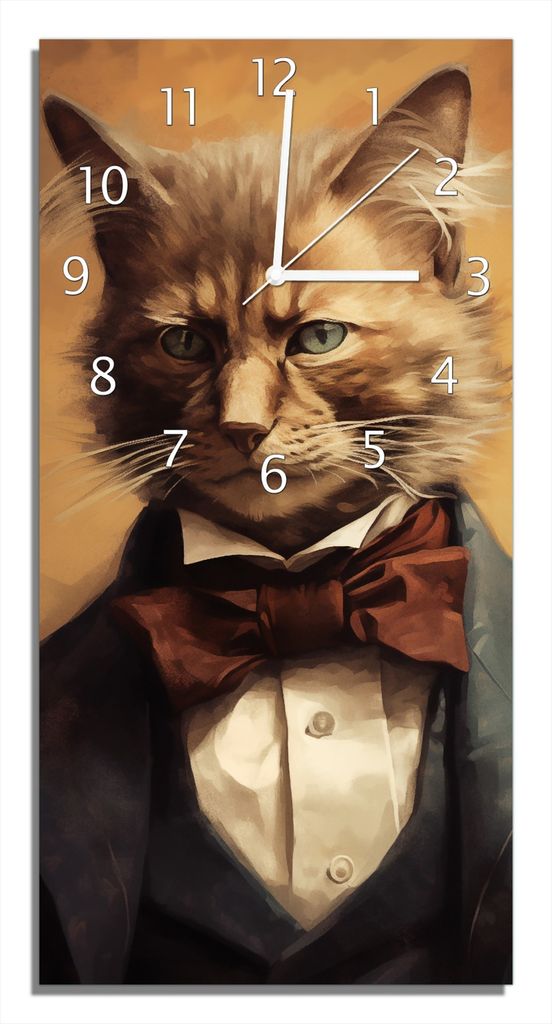 Wallario Design Wanduhr Katze im Anzug aus Echtglas, Größe 30 x 60 cm