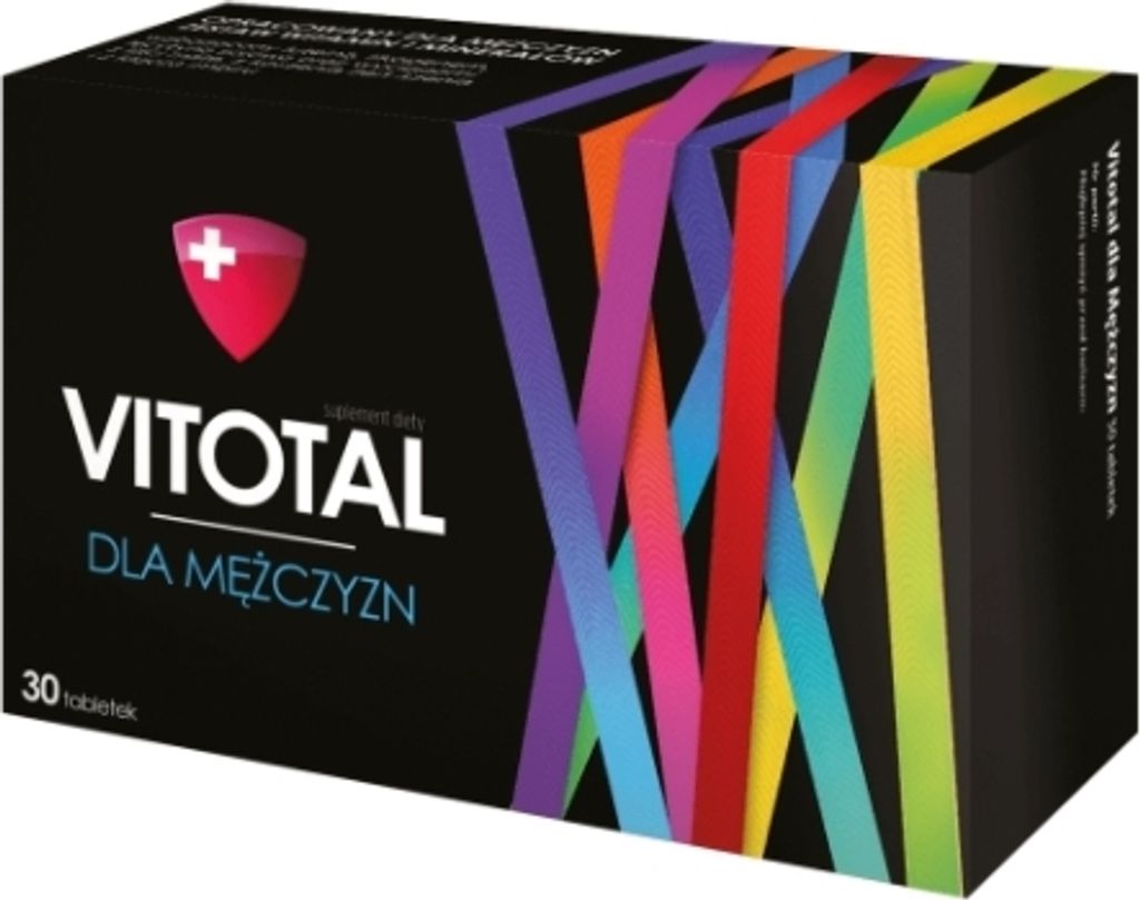 A product box for men's vitamins, featuring colorful diagonal stripes.