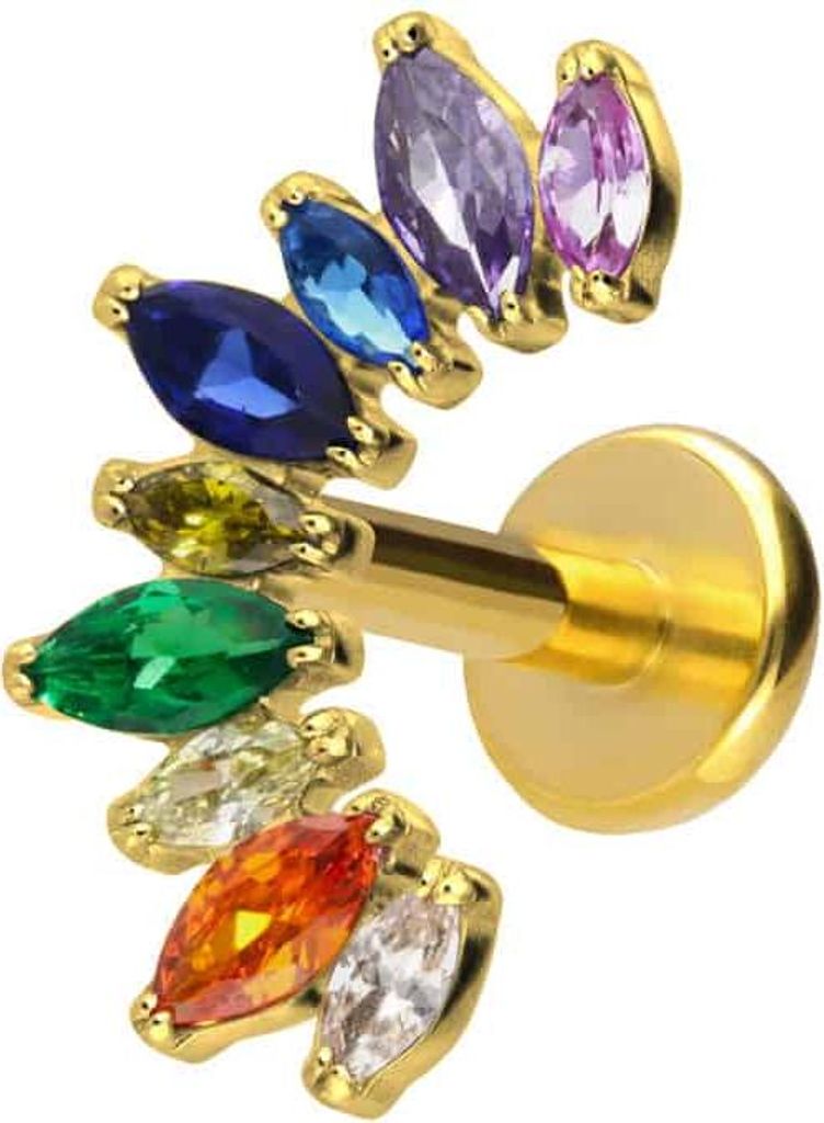 Ohrpiercing, Nasenpiercing Titan Labret mit Push Fit BUNTER KRISTALLBOGEN Gold Stablänge: 9mm | Stabstärke: 1,2mm
