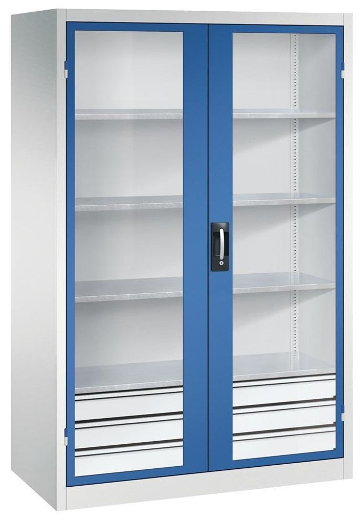 Großraum-Werkzeugschrank mit Sichfensterflügeltüren, 3 Schubladen unten, 4 Verstellböden, BxTxH 1200x600x1950 mm, RAL 7035/5010