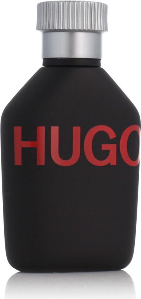A black bottle of Hugo Boss perfume with red lettering.
