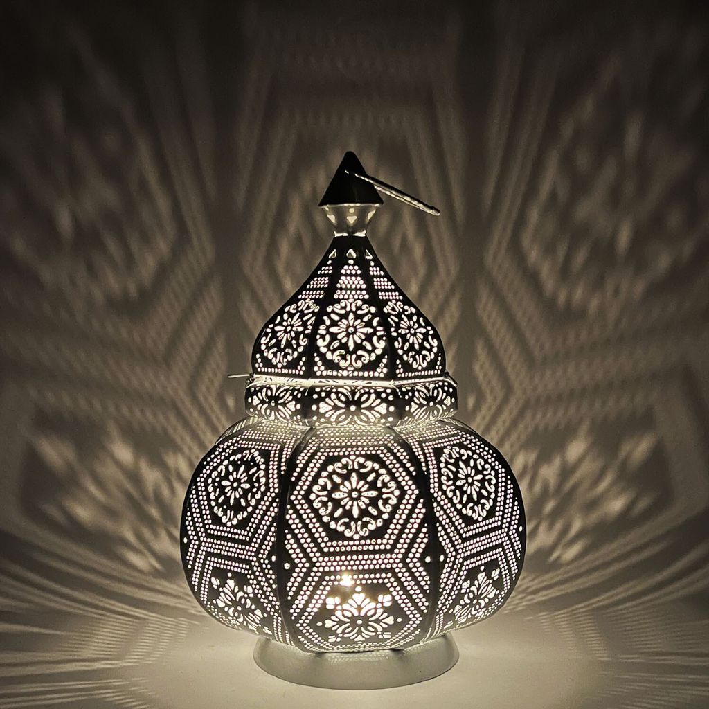 Orientalische Laterne aus Metall Maha Weiss 28cm | orientalisches Marokkanisches Windlicht Gartenwindlicht | Marokkanische Metalllaterne für drau...