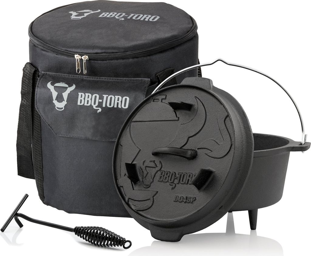 BBQ-Toro Dutch Oven Set 3-teilig, 4.5 QT Feuertopf + Deckelheber, Gusseisen Topf