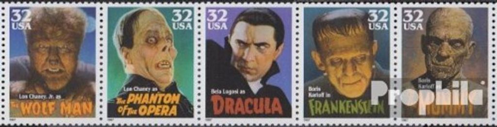 Briefmarken USA 1997 Mi 2893-2897 Fünferstreifen (kompl.Ausg.) postfrisch Gruselgestalten aus Filmen