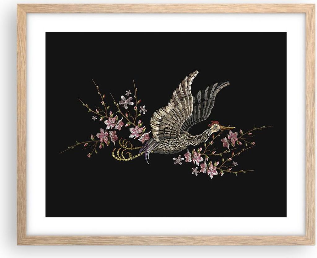 Gerahmtes Poster - Rahmen in heller Eiche - Asiatisch Vogel Blumen - 50x40 cm - Wand Bild - Wanddeko - Wandbilder - Kunstposter - Wandposter - Bild...