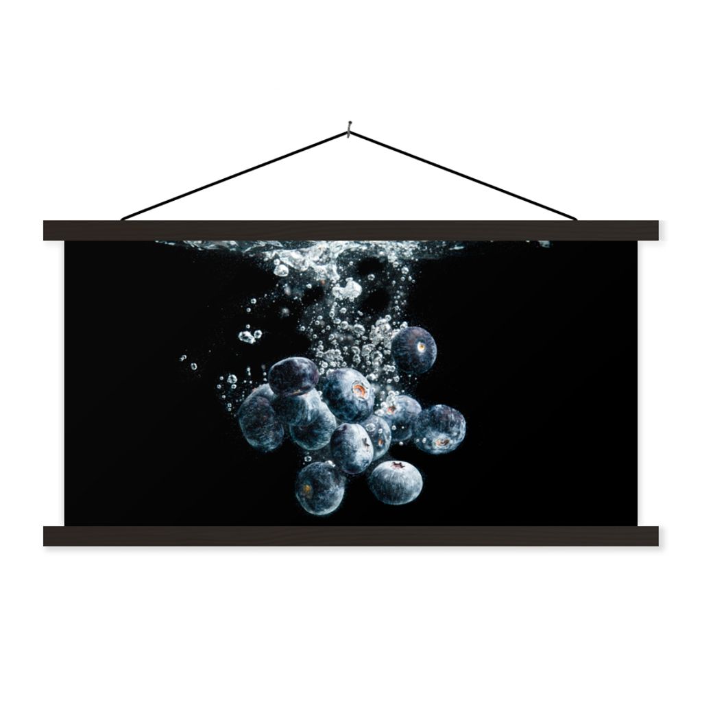 MuchoWow Textilposter Blaubeeren - Obst - Beeren - Stillleben - Wasser - Schwarz 120x60 cm mit schwarzem Rahmen - Dekoration Schlafzimmer