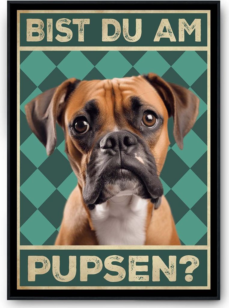 Boxer - Bist du am Pupsen? Hunde Poster Badezimmer Gästebad Wandbild Klo Toilette Dekoration Lustiges Gäste-WC Bild DIN A4 – DIN A4 mit Rahmen ...
