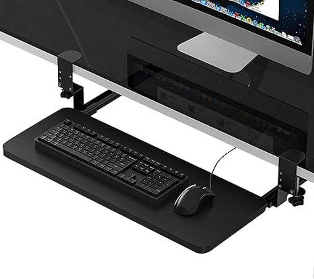 Ergonomisches Tastaturfach aus Holz – Ausziehbarer Keyboard Tray mit Mausfläche, drehbar & höhenverstellbar, C-Klemmbefestigung, 65×24 cm Schwarz