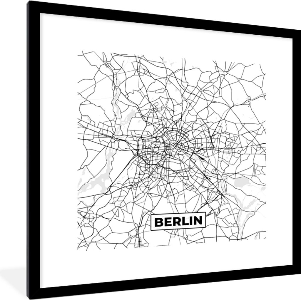MuchoWow Gerahmtes Poster Berlin - Karte - Stadtplan 40x40 cm - Poster mit Schwarzem Bilderrahmen Wandposter Rahmen Foto Bilder - Poster - Plakat...