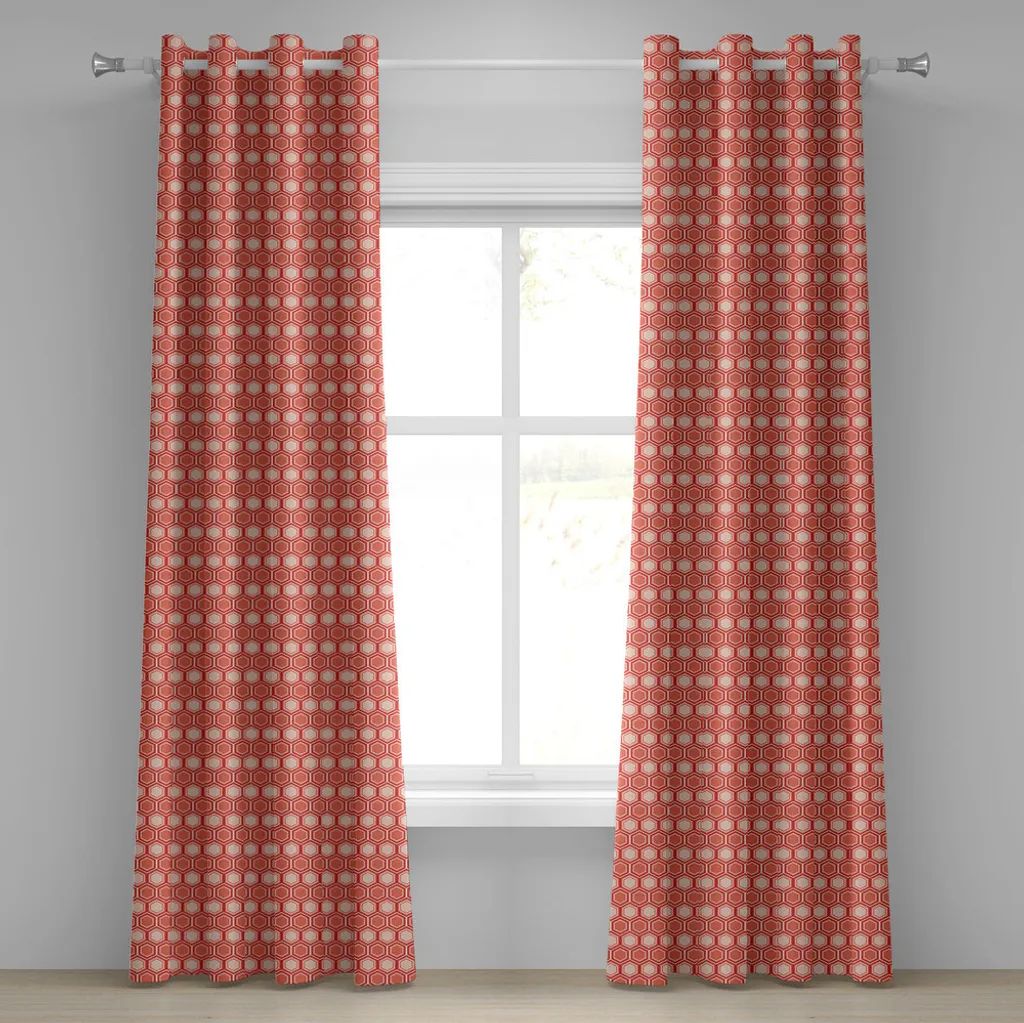 ABAKUHAUS Tenda retrò con occhielli, motivo geometrico esagonale a pettine, grafica a piastrelle, disegno vintage, tende decorative a 2 pannelli, 280 cm x 245 cm, corallo scuro pesca corallo rosso