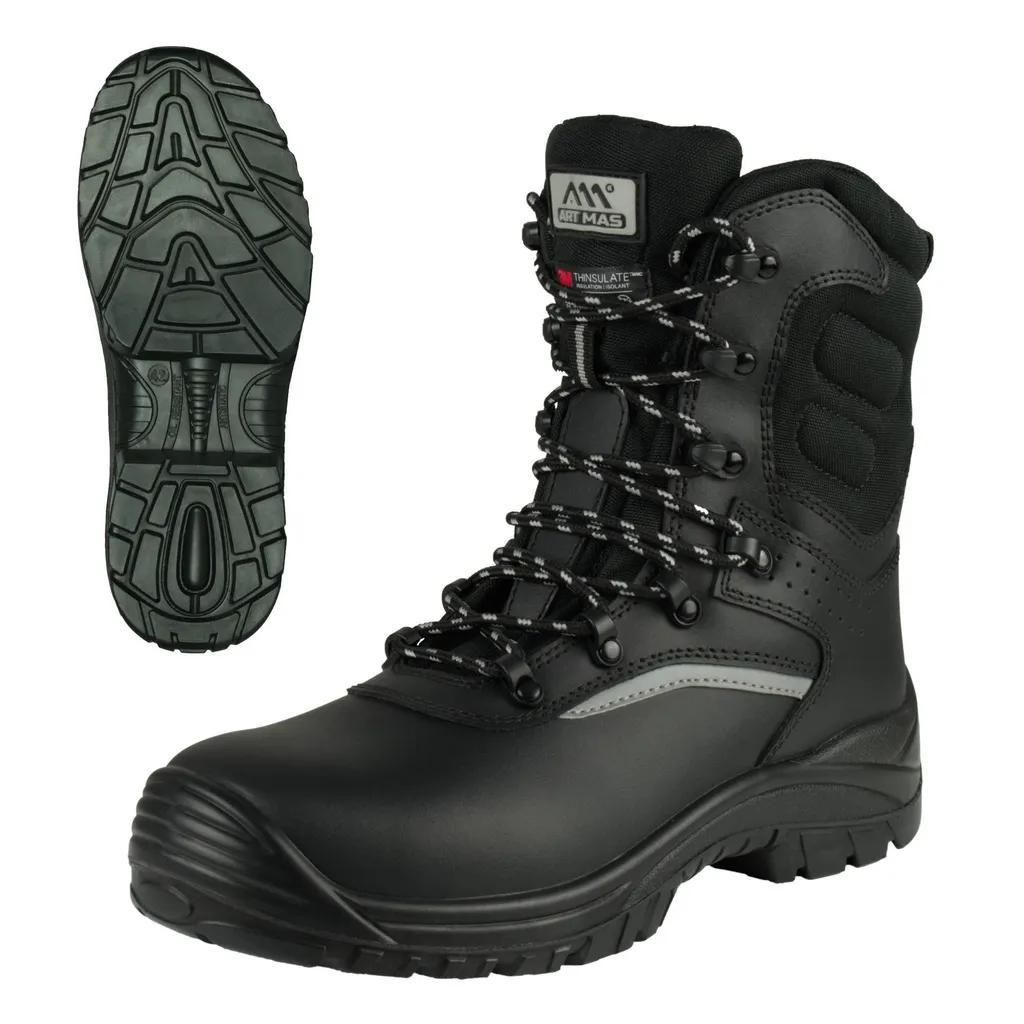 A black work boot shown from the side, with a separate view of its sole.