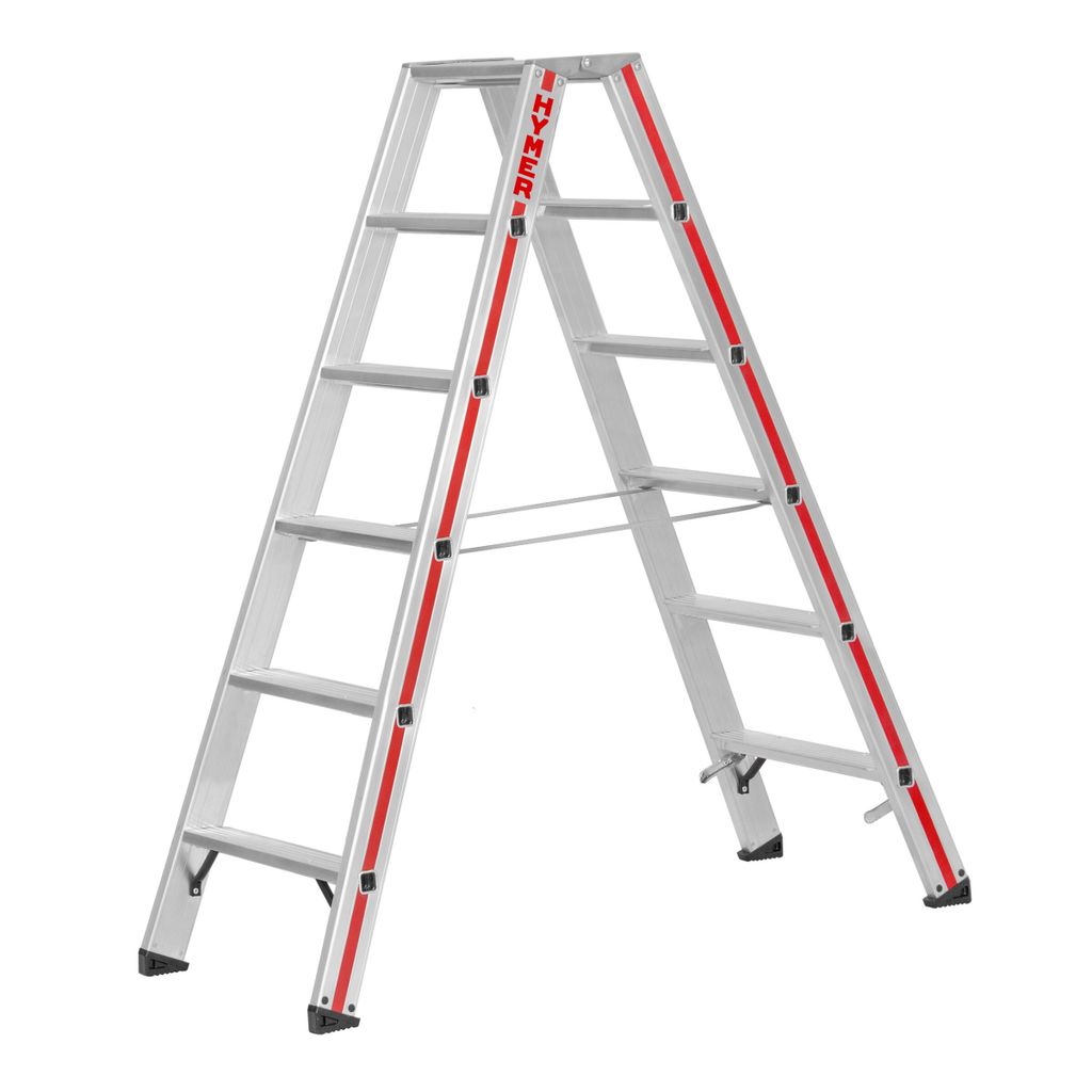 A silver stepladder with red accents against a white background.
