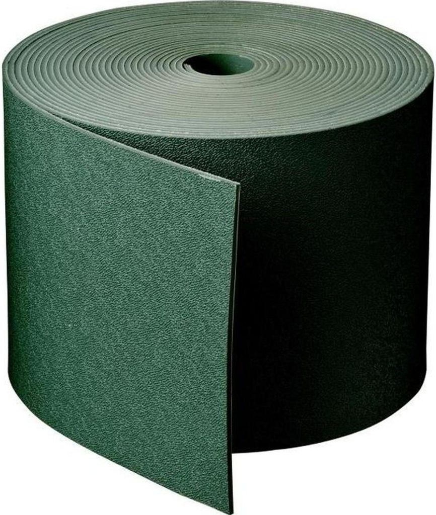 A roll of green landscape edging is shown, with a portion unrolled.