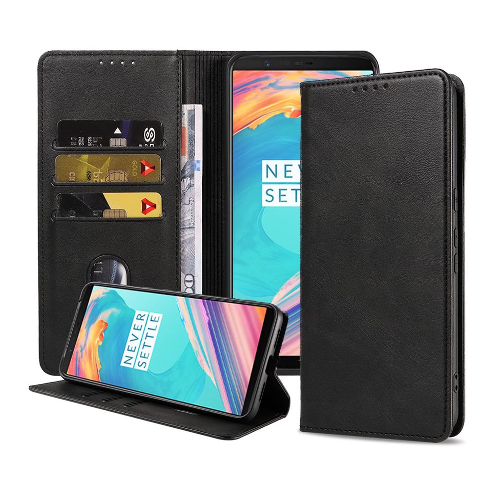 Smartphonica Telefon Fall geeignet für OnePlus 5T Kunstleder Fall mit Magnetverschluss und Kartenhalter Buch Fall mit Klappe - schwarz