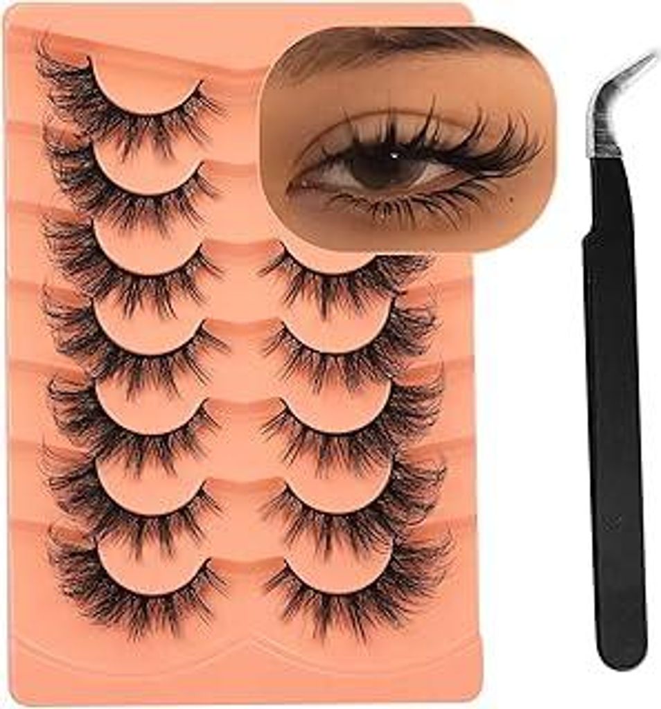 Kryzalite Packung mit 7 Paaren falscher Wimpern Mit Pinzette, künstlichen Wimpern, Katzenaugen-Wimpern, Nerz flauschigen Streifen, Fuchs-Augen-Wim...