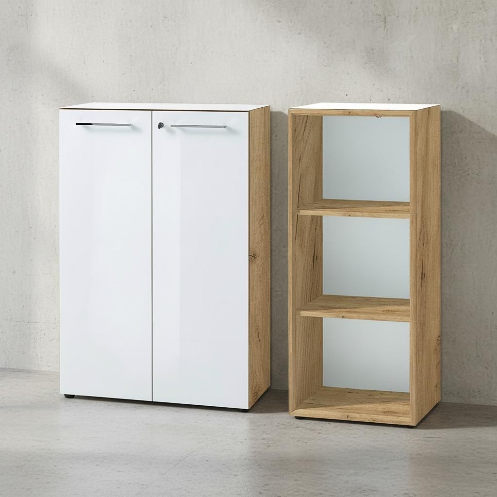 Sideboard Aktenschrank Set 2-teilig MUENCHEN | 3 Ordnerhöhen | Schrank & Regal | Glas Front Abschließbar Soft-Close | Chalet-Eiche-Nb./Weiß | Ka...