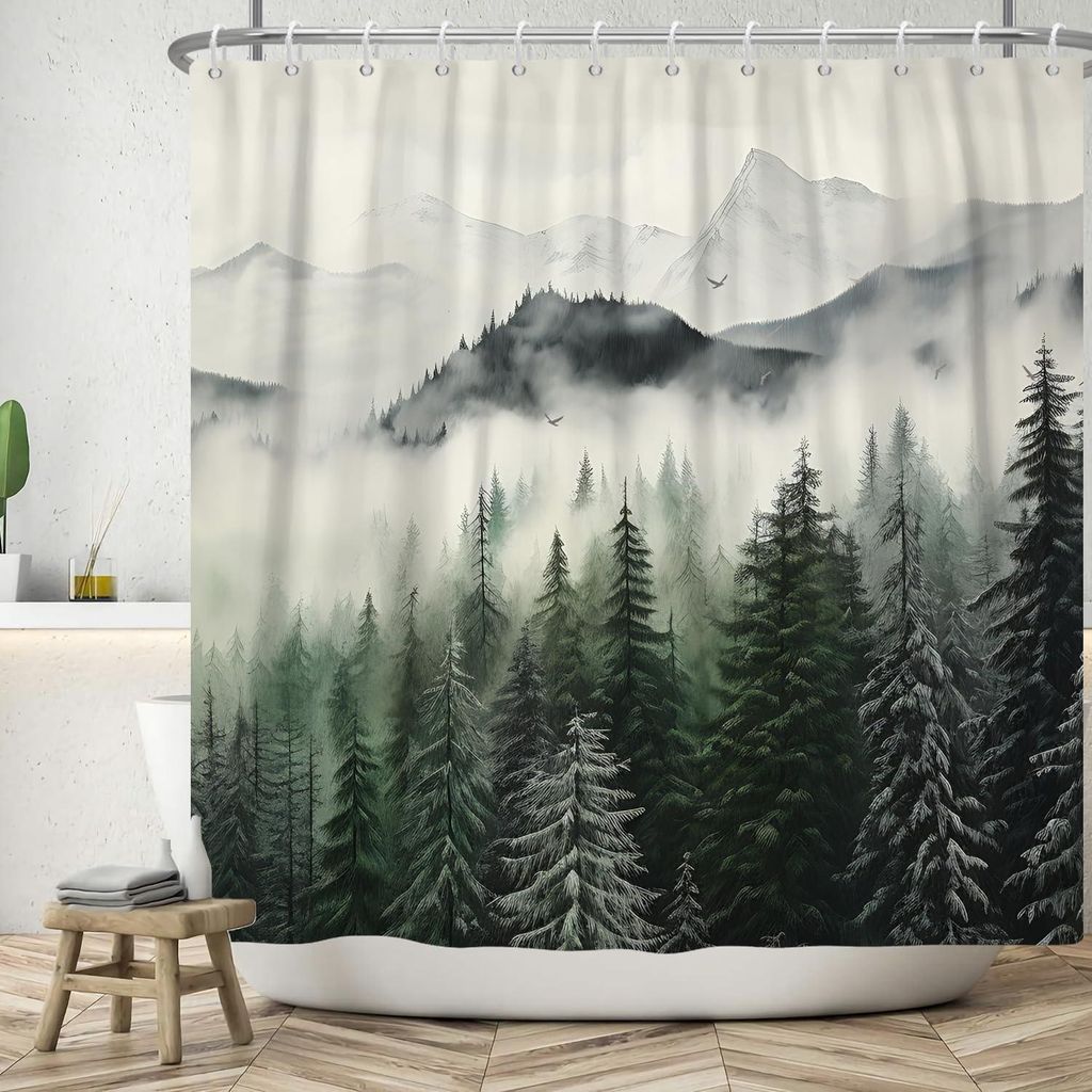 Duschvorhang mit Waldmotiv, 180 x 180 cm, Naturlandschaft mit grünem Nebel, Wald, Dschungel, Schnee, Bergen und Vögeln. Waschbarer Duschvorhang a...