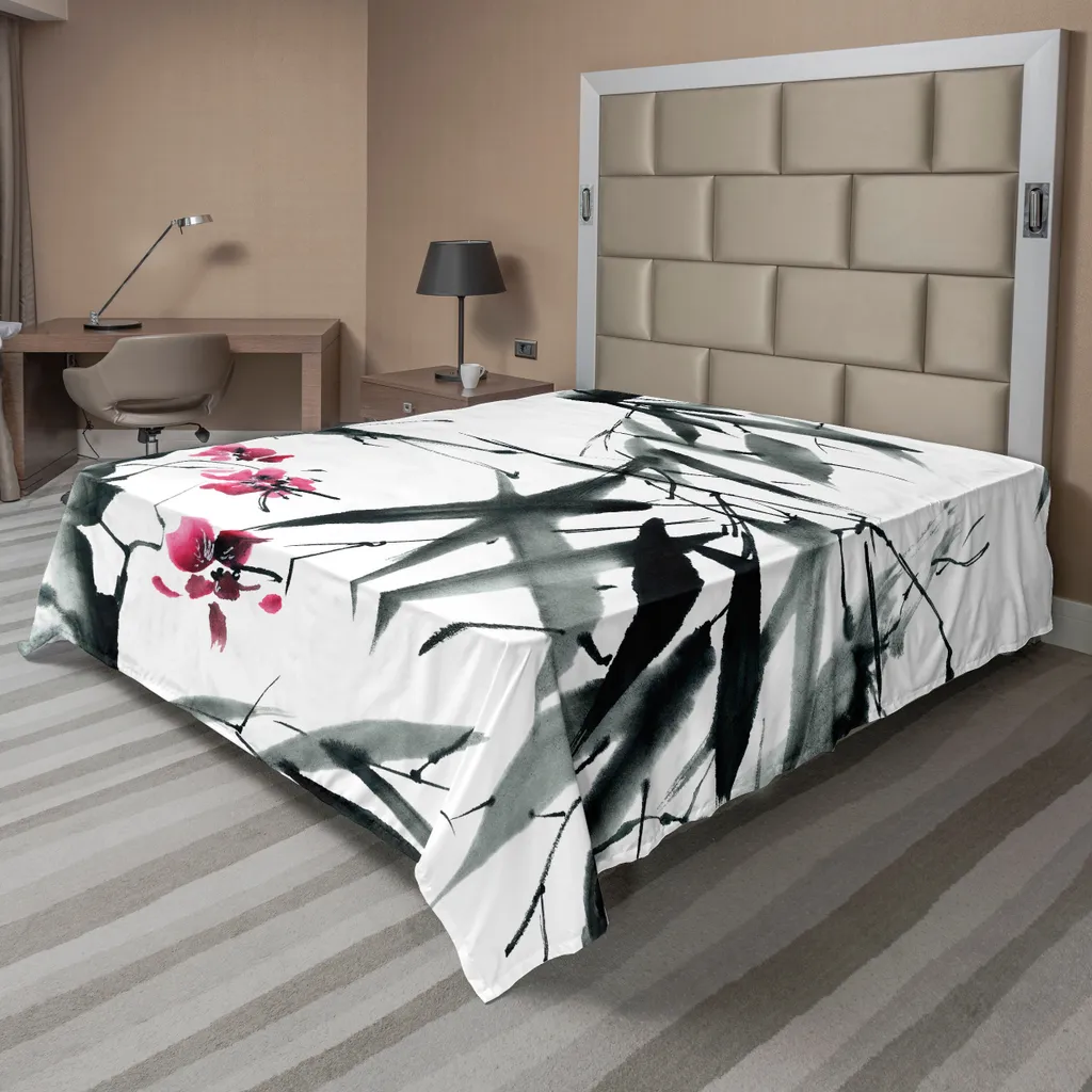 ABAKUHAUS Lenzuolo giapponese, fiori di ciliegio naturali, motivo tribale minimalista giapponese, lenzuolo morbido e confortevole per un letto decorativo 1 pezzo 275 cm x 260 cm, verde scuro e viola
