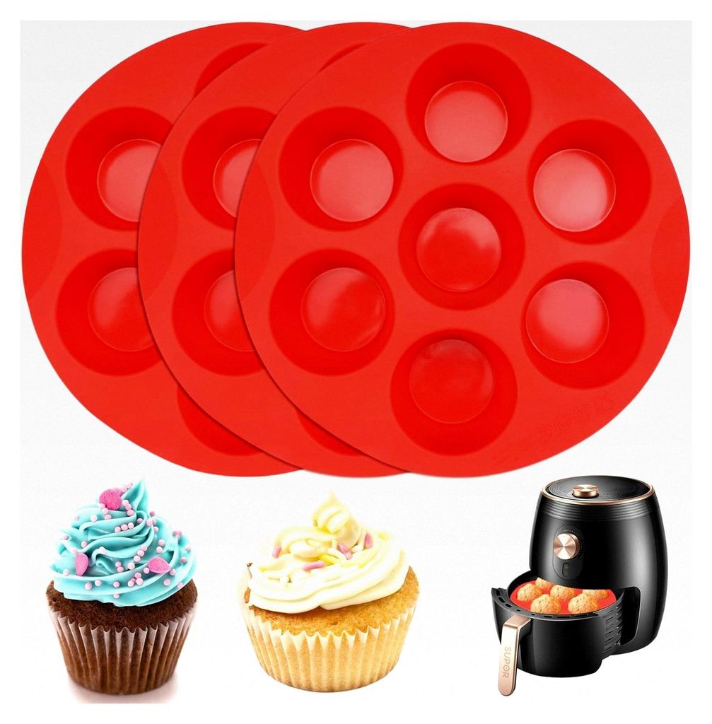 3 Stück Muffinform Luftfritteuse, 7-Löcher Antihaft-Silikon-Backform, Mini-Backform für Cupcakes, Brownies, Kuchen, Pudding