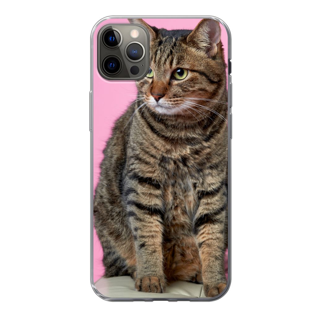 MuchoWow Handyhülle Schutzhülle Hülle für iPhone 12 Pro Max Katze - Rosa - Pouf - Mädchen - Kinder - Kinder Silikon Softcase Handy Hülle - ...