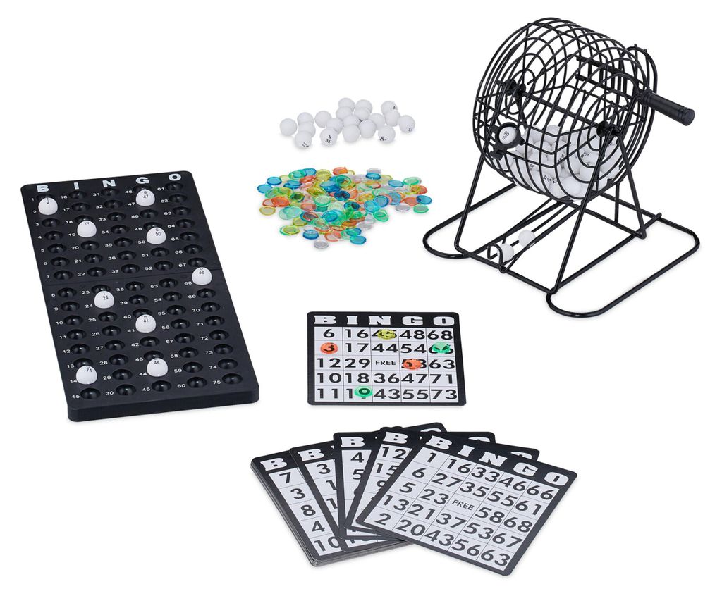 Gioco del bingo Relaxdays, con tamburo, 75 palline, 18 Immagine del prodotto 