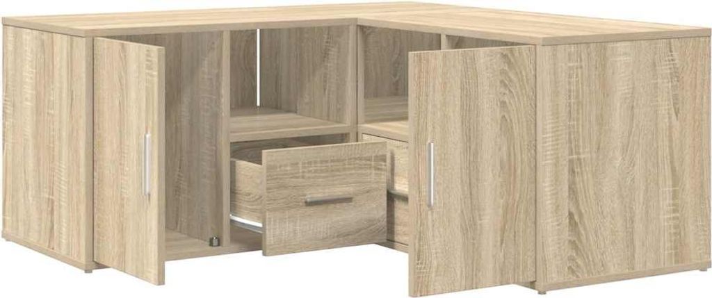 A corner shelving unit with drawers and doors, shown from a slightly elevated angle.