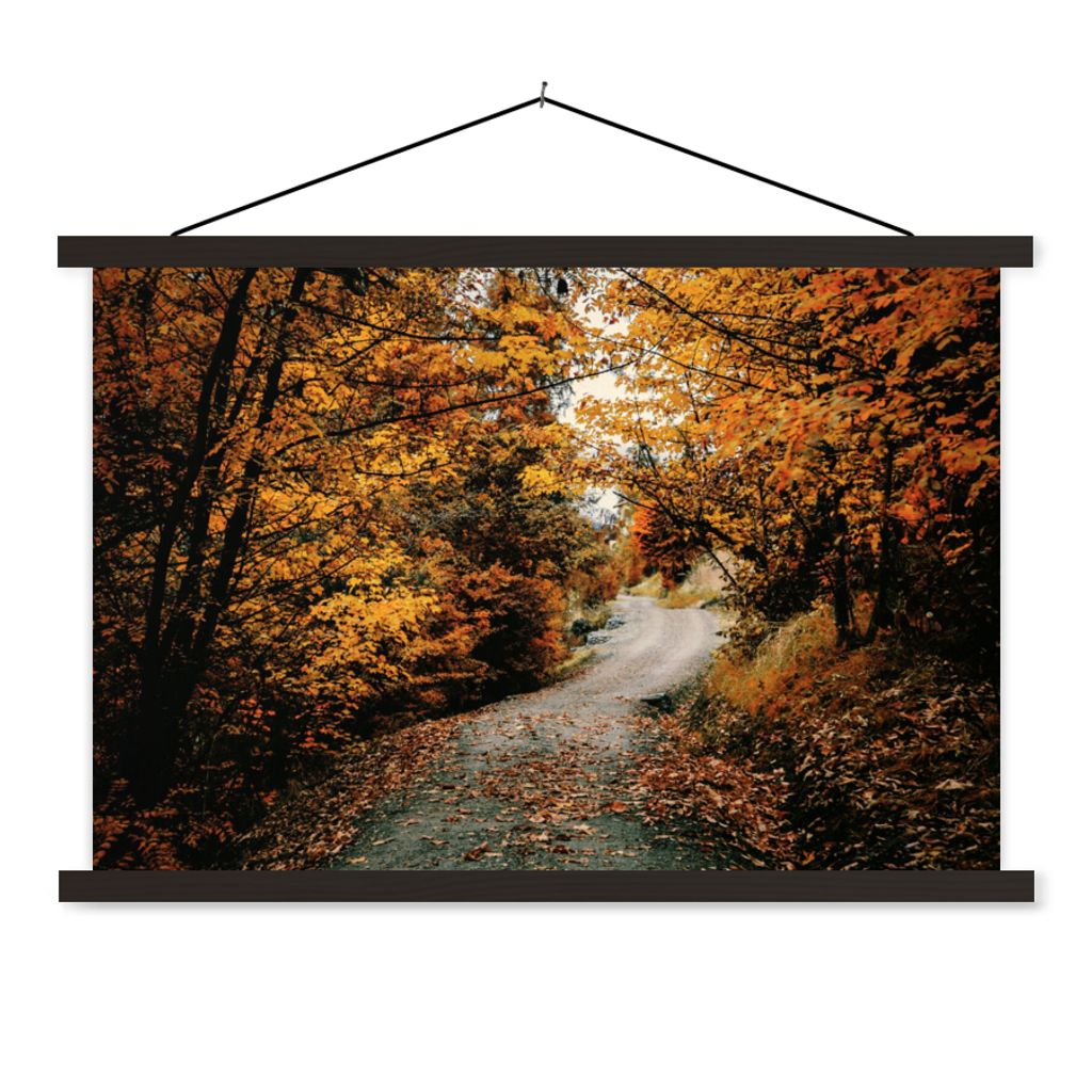 MuchoWow Textilposter Herbstwald - Weg - Laub - Ländlich 60x40 cm mit schwarzem Rahmen - Hölzernes