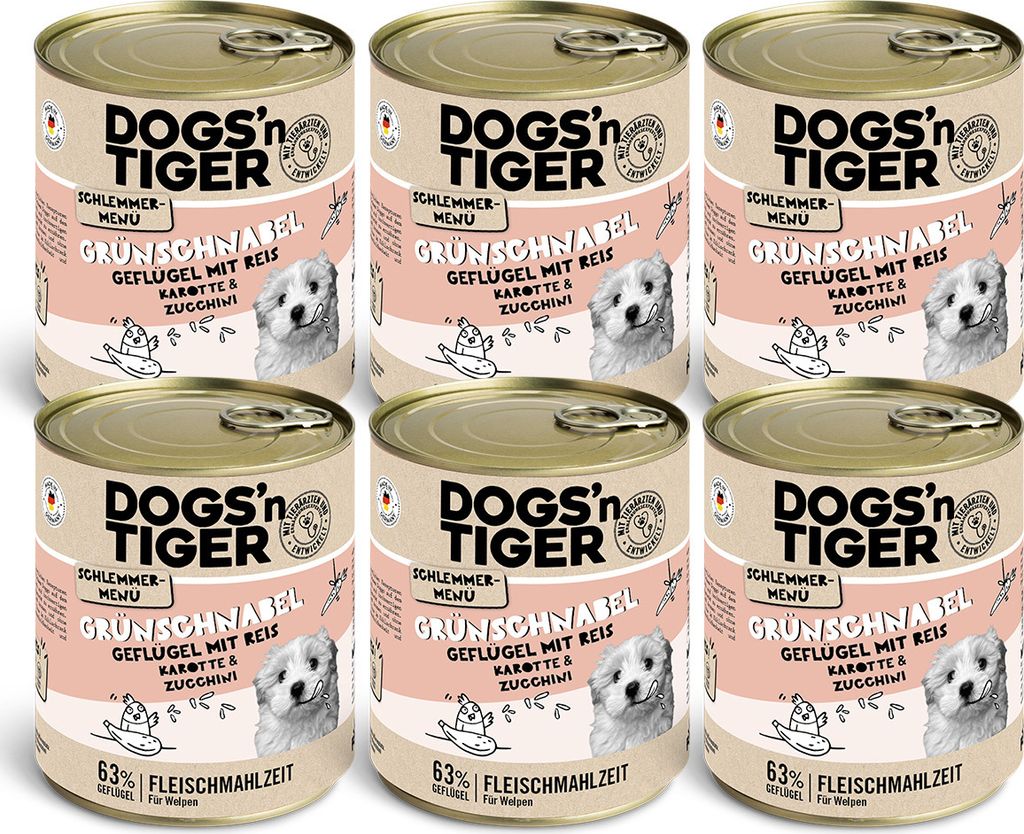 Dogs’n Tiger Junior, Hundefutter, Grünschnabel, Hunde Nassfutter, Welpen Futter, Geflügel, Getreidefrei, Naturreis, Karotte & Zucchini, 6x800g