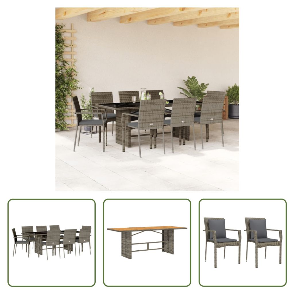 The Living Store 9-tlg. Garten-Essgruppe mit Kissen Grau Poly Rattan