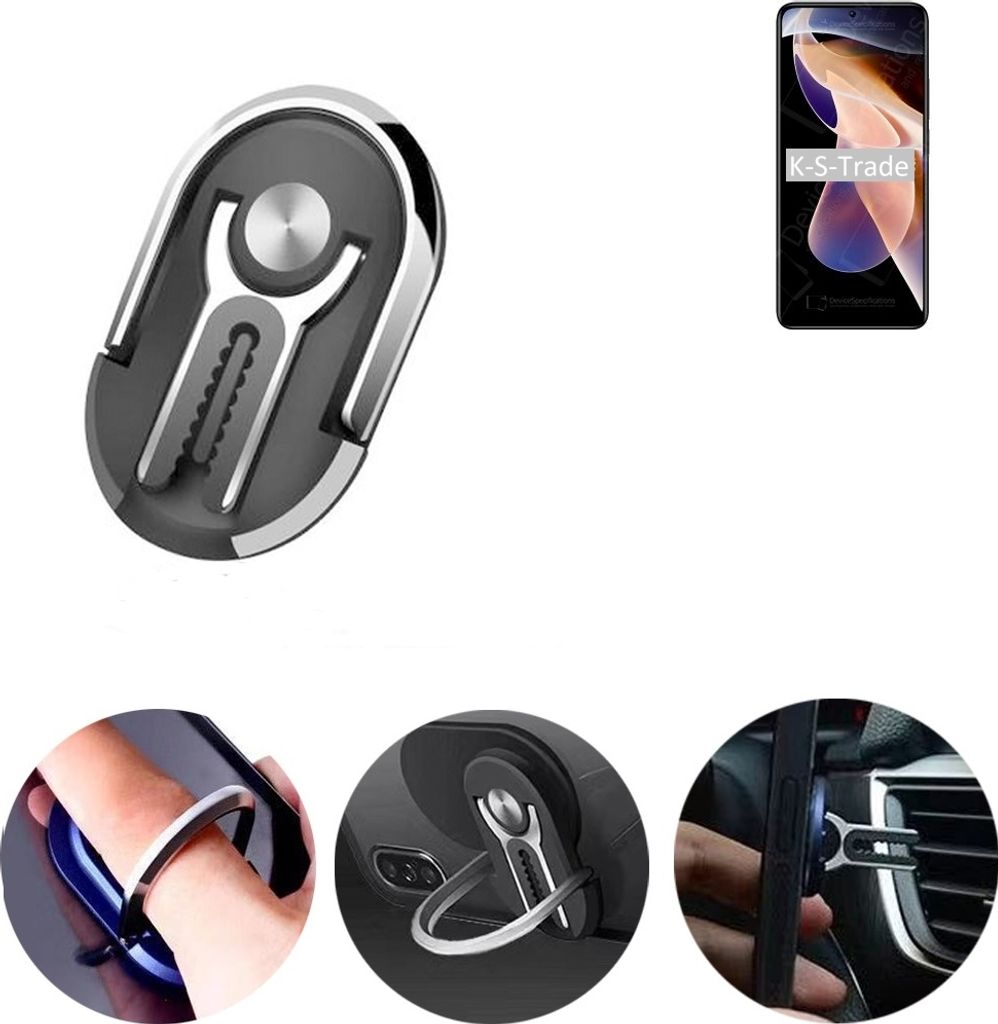 K-S-Trade 3in1 Smartphone-Ring Handy-Ring kompatibel mit Xiaomi Redmi Note 11 Pro Fingerhalterung Handyring Tischständer Lüftungsgitter-Halterung