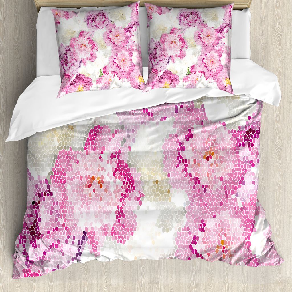 ABAKUHAUS Natur Bettbezug, Mosaik-Pfingstrose-Blumen-Kunst, Milbensicher Allergiker geeignet mit Kissenbezügen, 155 cm x 220 cm - 80 x 80 cm, Rosa...