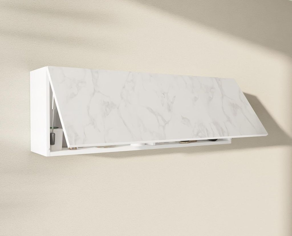 A white wall cabinet with a marble-patterned door is mounted on a light-colored wall.