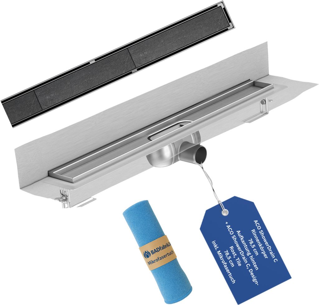 BADfabrik24 ACO ShowerDrain C, Rinnenkörper, 78,5 cm, Einbauhöhe Oberkante Estrich: 5,7 – 12,8 cm, Aufkantung hinten + ACO ShowerDrain C Design...