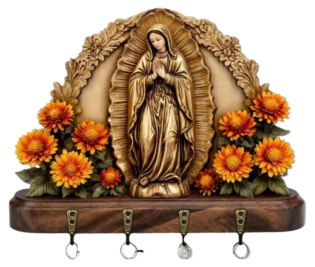 2D-Wandschlüsselhalter mit Jungfrau Maria im Landhausstil, inklusive 4 Metallhaken, ideal für Eingangsbereich und Flur. Rustikales christliches G...