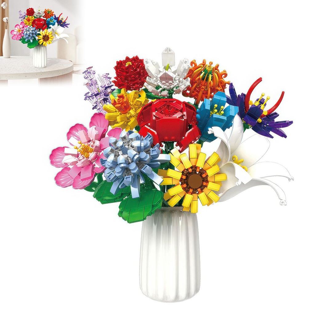 Blumenstrauß-Bauset,12 künstliche Blumen,1064 Teile, Bausteine-Spielzeug für Erwachsene und Kinder, für Muttertag, Valentinstag,Geburtstag(ohne...