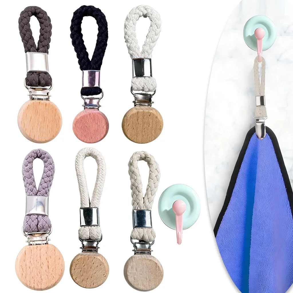 Accroche-serviettes bois et bleu avec ventouses sans perçage 6pcs